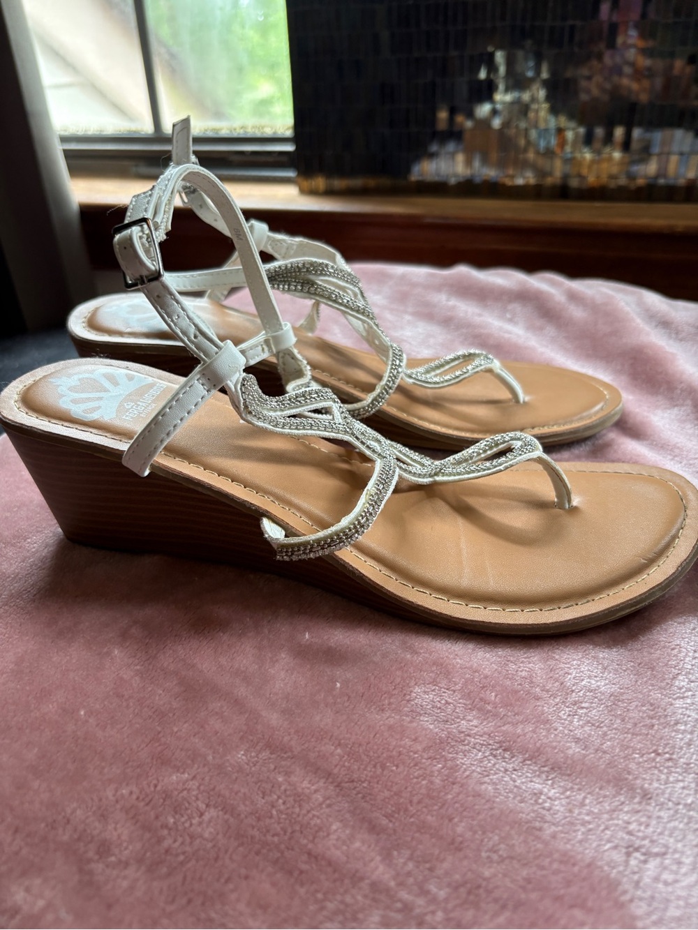 Fergalicious White Beaded Wedge Sandals with Tan Footbed